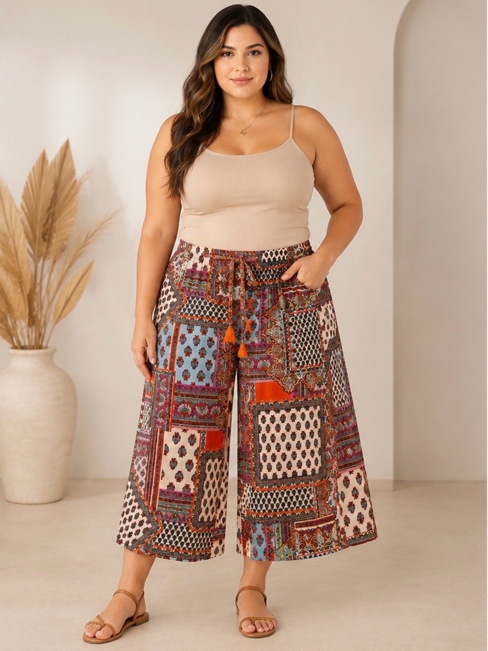 Soirée Women's Boho Wide-Leg Crop Pants - Size Large